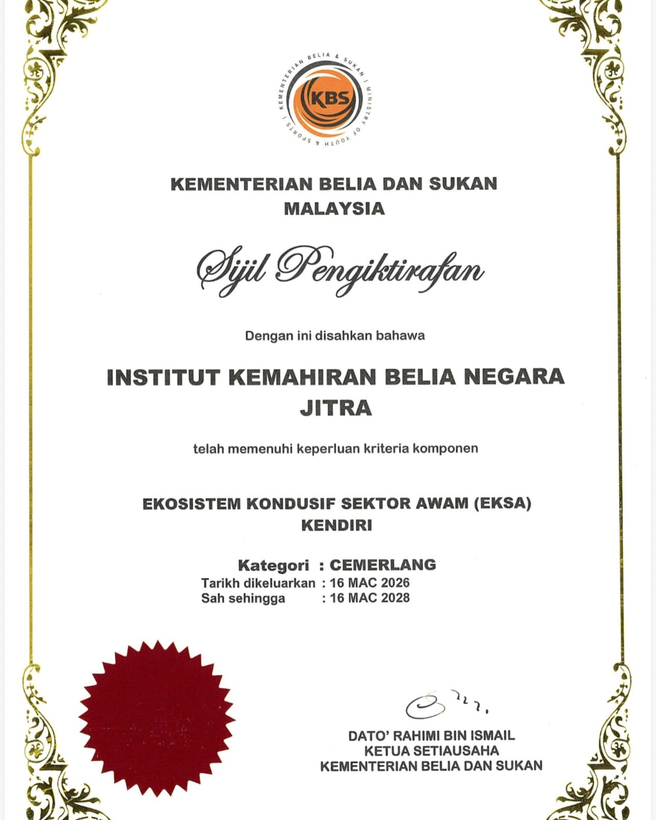 Pengiktirafan EKSA Kendiri (Kategori Cemerlang) daripada Kementerian Belia dan Sukan Malaysia.