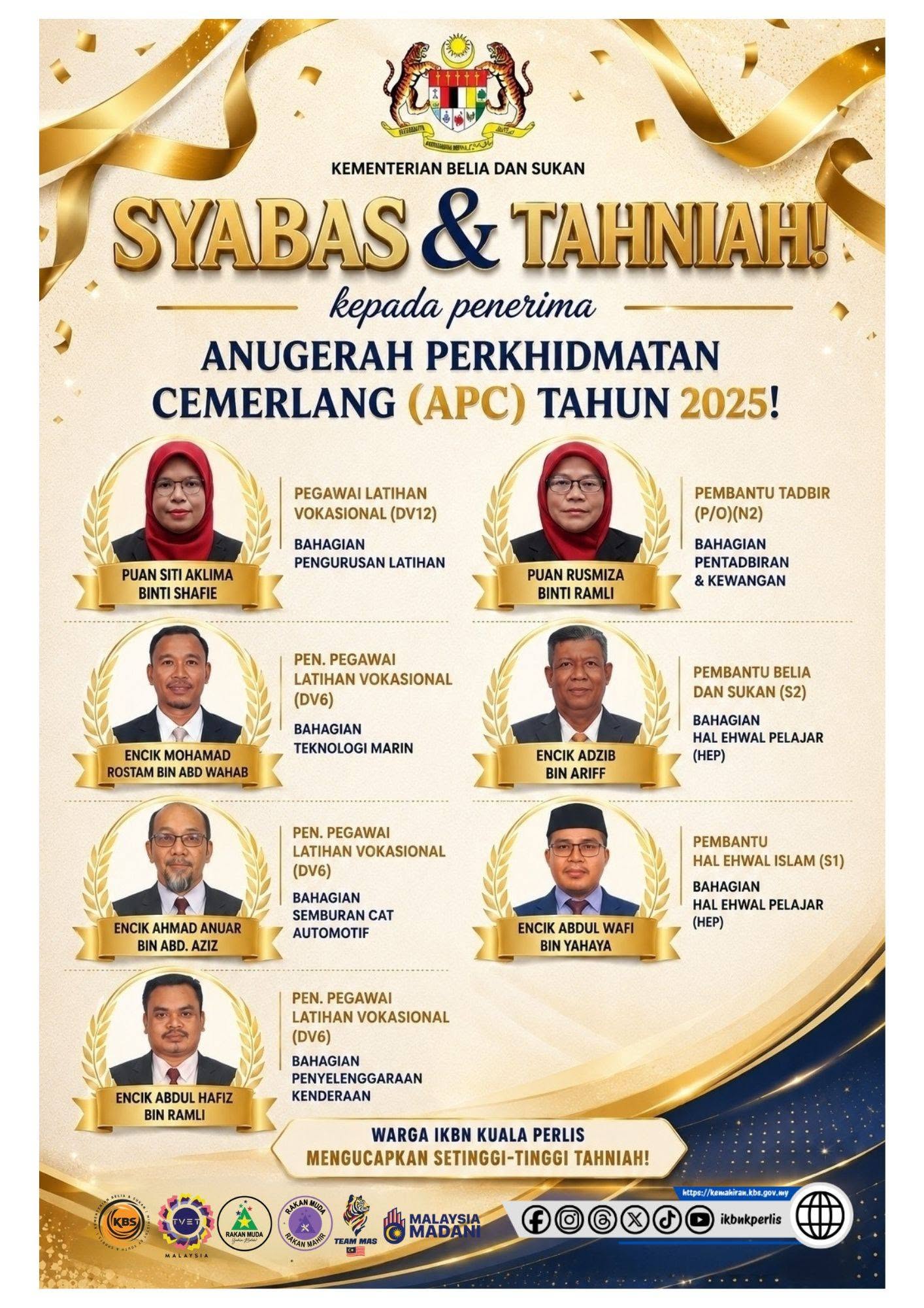 TAHNIAH PENERIMA ANUGERAH PERKHIDMATAN CEMERLANG (APC) 2025